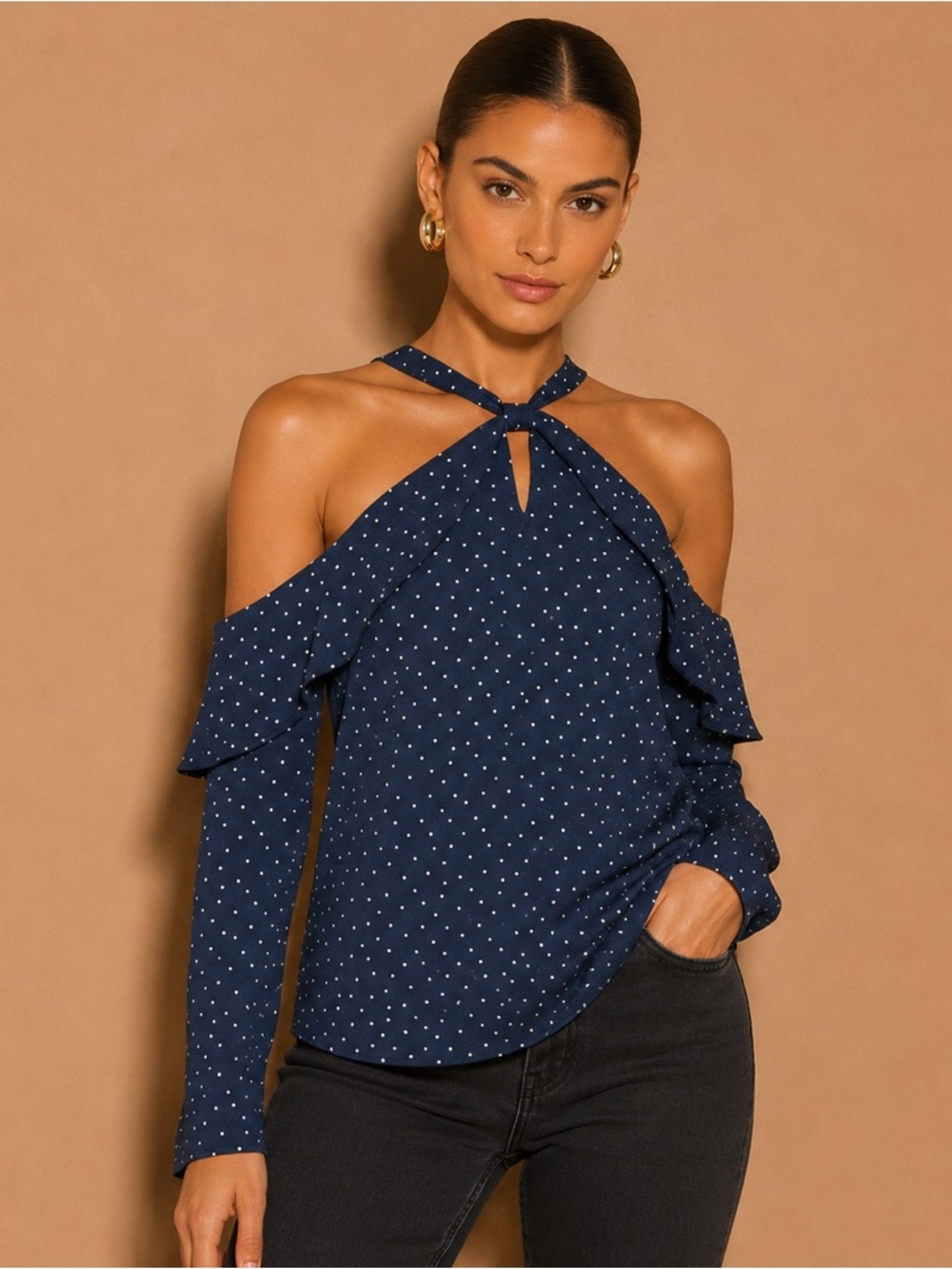 WAYF Navy Polka Dot Cold Shoulder Blouse NWT Size Medium Nautical